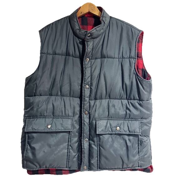 Shelter Bay By Arrow Men Large Reversible Black Puffer / Wool Buffalo Plaid Vest - Picture 6 of 7